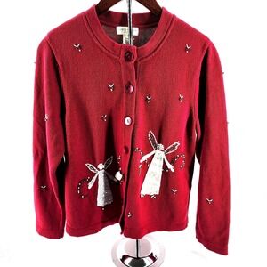Appleseed's Women's Petite Medium Red Angel Button Christmas Cardigan Sweater